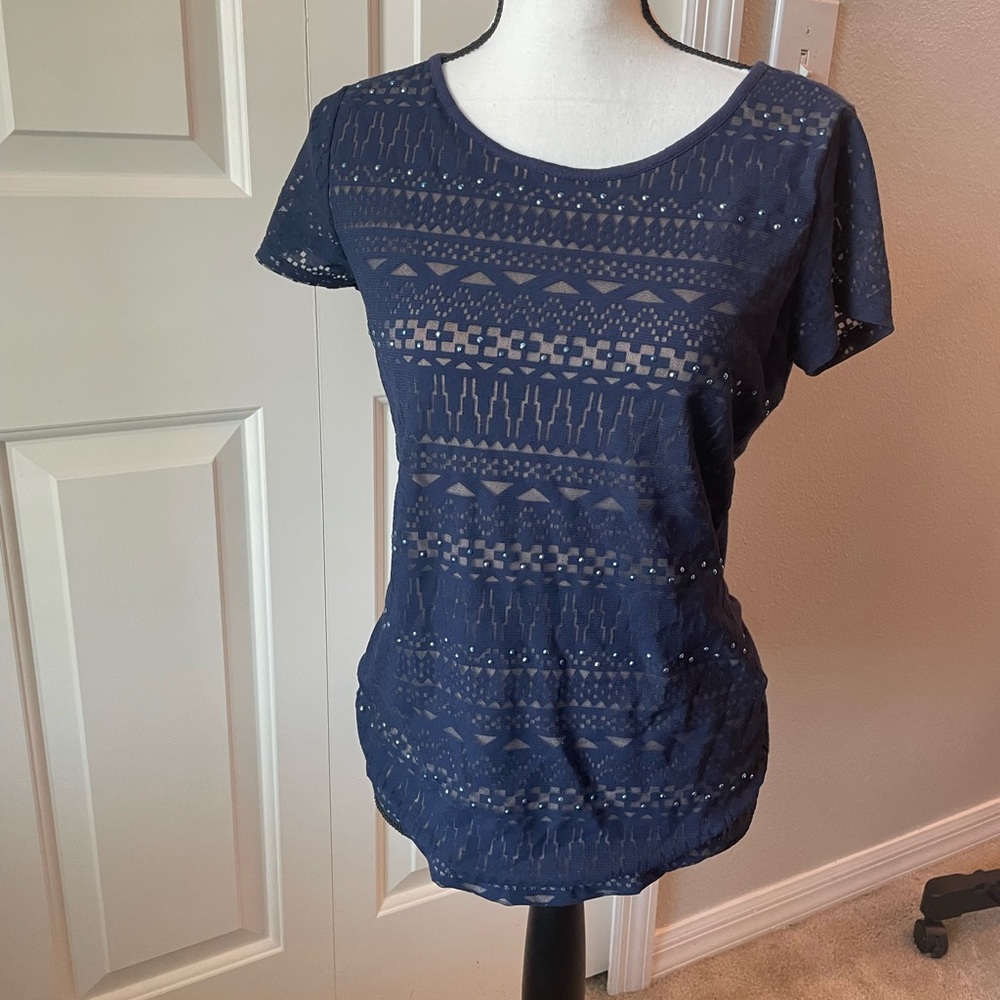INC International Concepts Navy Geometric Lace Short Sleeve Top